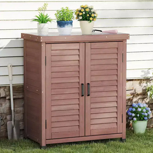 Outdoor Storage Cabinet & Potting Bench Table with Metal Top, Wooden Patio Furniture, Garden Workstation for Organized Outdoor Spaces
