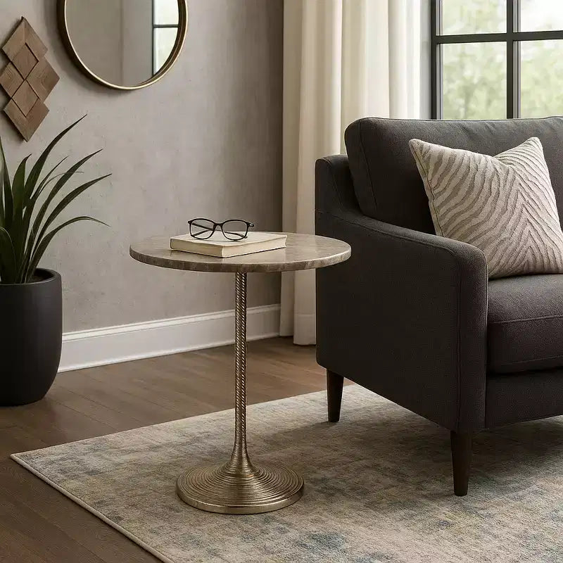 Table d'appoint classique, guéridon ou petite table de chevet pour la décoration intérieure - Table d'appoint audacieuse en métal avec plateau en marbre, idéale pour le salon - 21