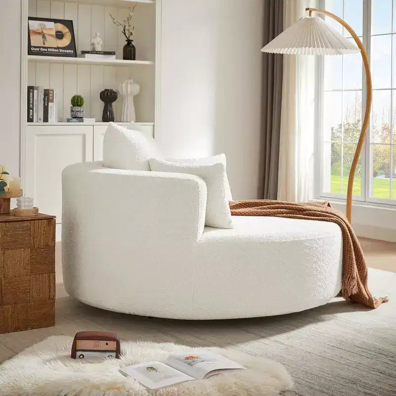 Fauteuil d'appoint pivotant rond beige, 1 place, rotation à 360°, revêtement en chenille