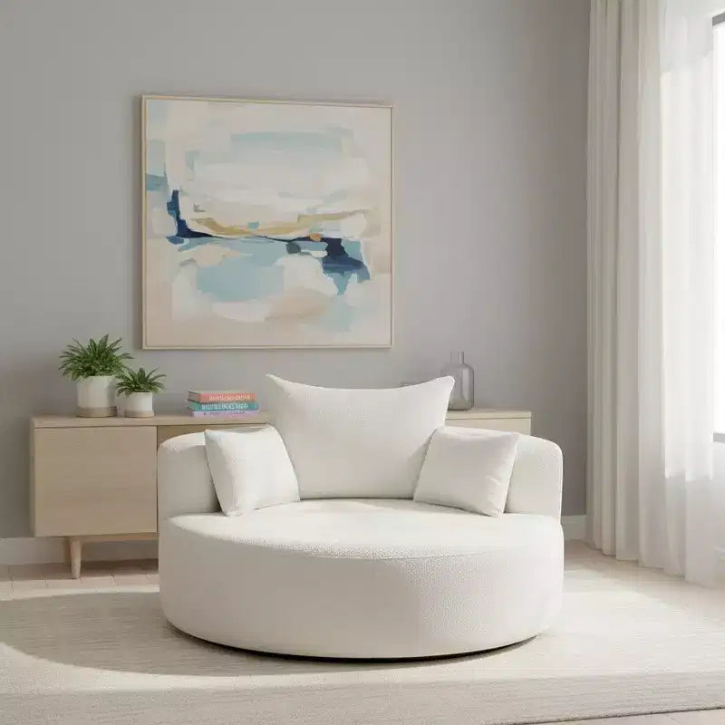 Fauteuil d'appoint pivotant rond beige, 1 place, rotation à 360°, revêtement en chenille