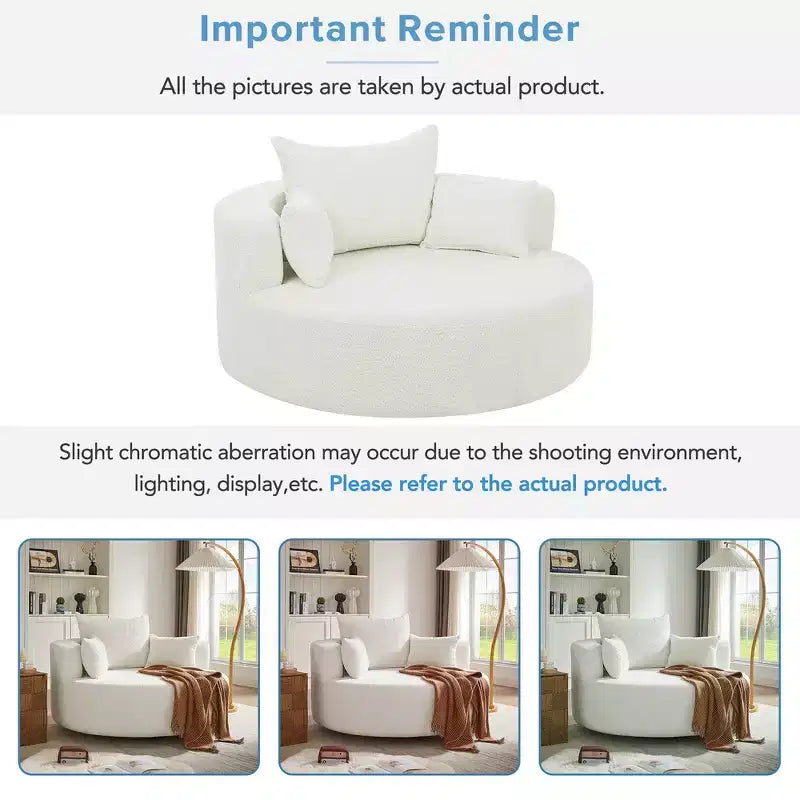 Fauteuil d'appoint pivotant rond beige, 1 place, rotation à 360°, revêtement en chenille