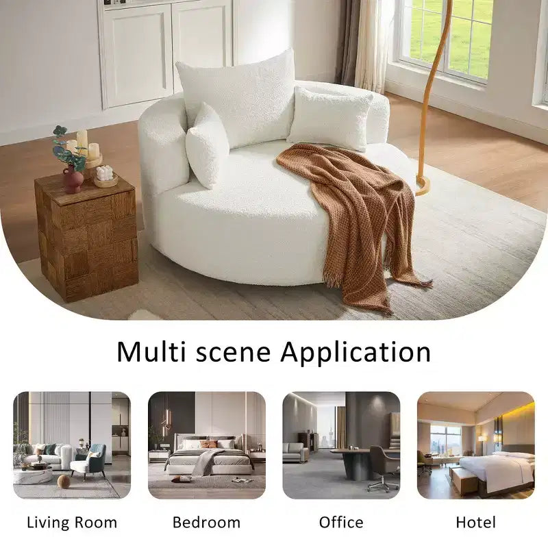 Fauteuil d'appoint pivotant rond beige, 1 place, rotation à 360°, revêtement en chenille