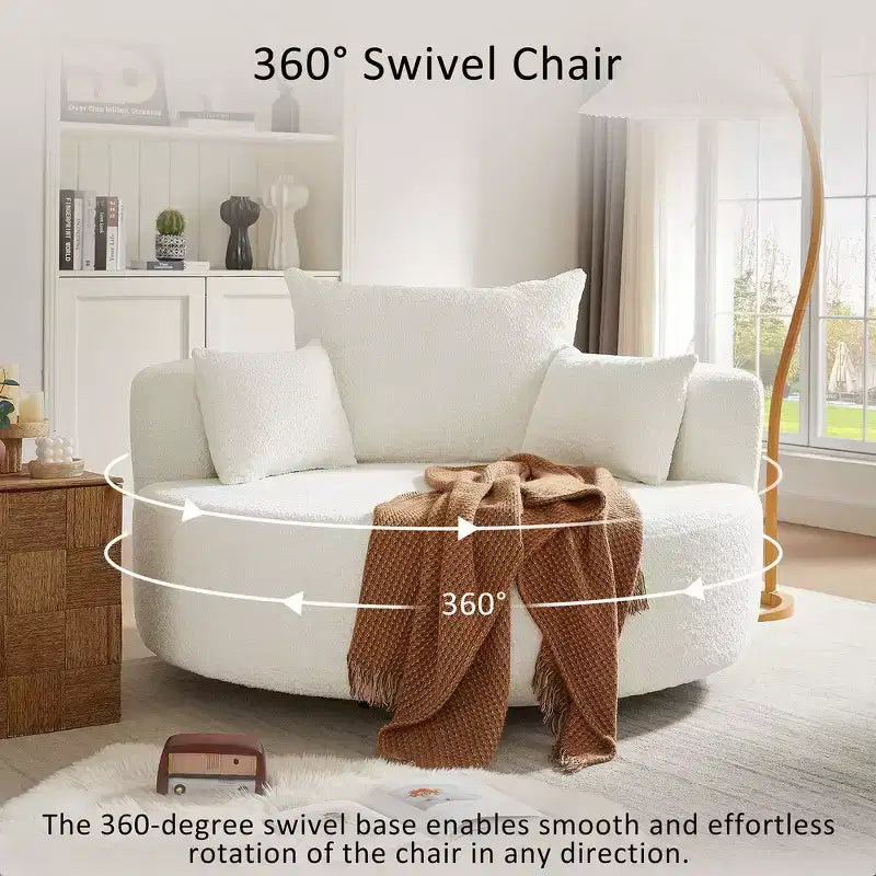 Fauteuil d'appoint pivotant rond beige, 1 place, rotation à 360°, revêtement en chenille