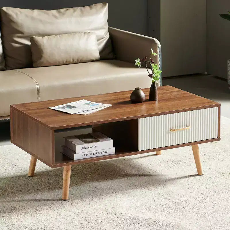 TUYOHW Farmhouse Coffee Table with Sliding Drawer,40.9 Accent Table with Solid Wood Legs,Cocktail Table for Living Room,220lbs Capacity
