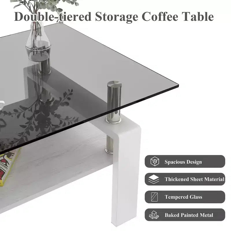 Table basse rectangulaire à 2 niveaux en verre trempé — Brun/Blanc, Gris/Noir, Gris/Blanc