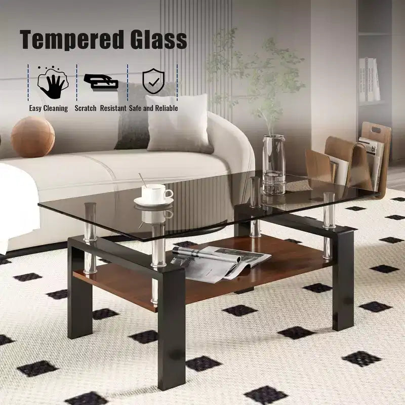 Table basse rectangulaire à 2 niveaux en verre trempé — Brun/Blanc, Gris/Noir, Gris/Blanc
