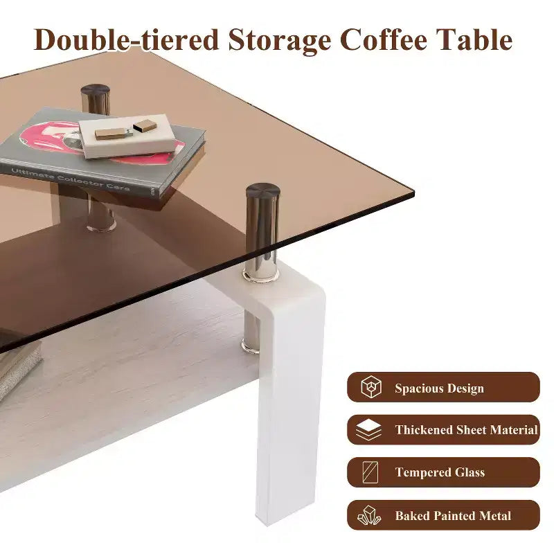 Table basse rectangulaire à 2 niveaux en verre trempé — Brun/Blanc, Gris/Noir, Gris/Blanc
