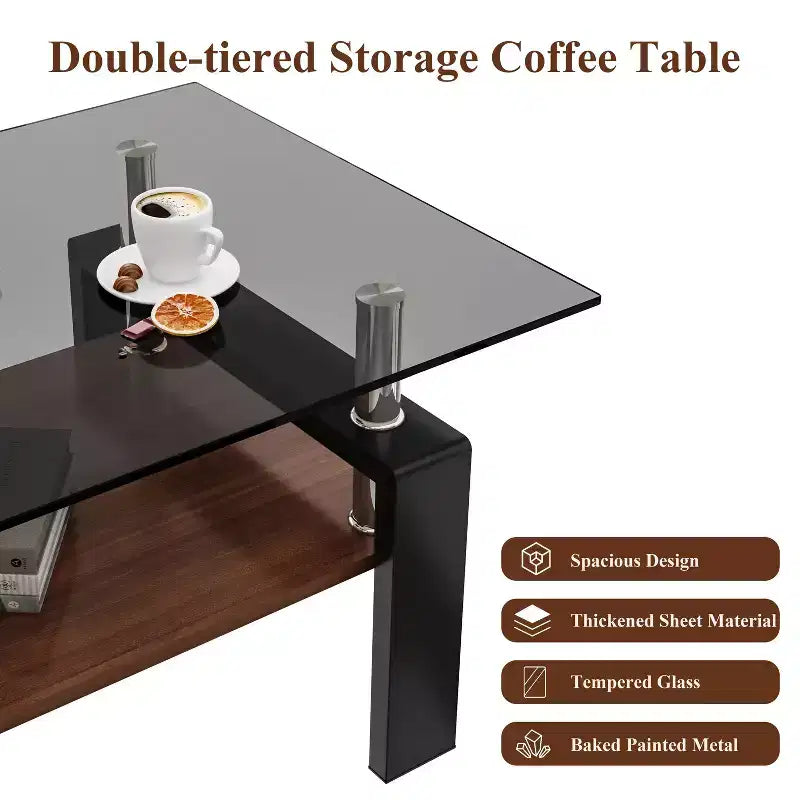 Table basse rectangulaire à 2 niveaux en verre trempé — Brun/Blanc, Gris/Noir, Gris/Blanc