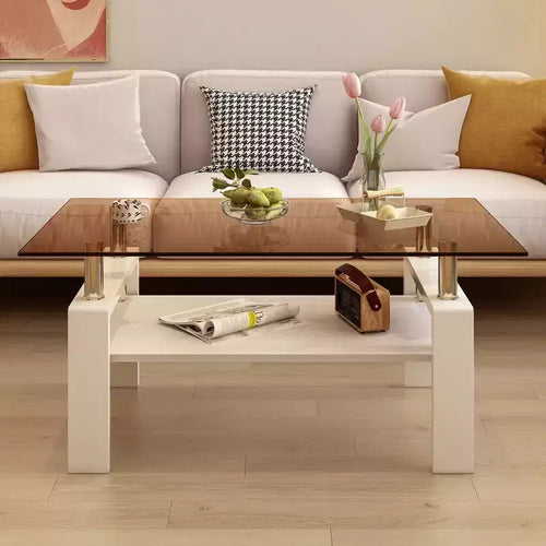 TUYOHW 2-Tier Tempered Glass Coffee Table,39.2 Modern Accent Table for Living Room,Industrial Center Table with MDF Layer,220lbs Capacity