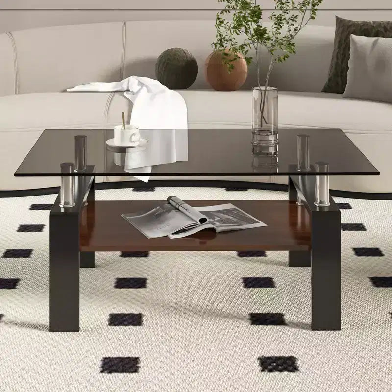 Table basse rectangulaire à 2 niveaux en verre trempé — Brun/Blanc, Gris/Noir, Gris/Blanc