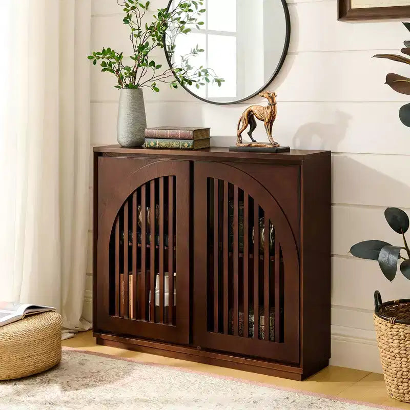 Modern Fluted Sideboard Cabinet with 2 Outlet Holes, Buffet Cabinet with Storage, Narrow Side Cabinet