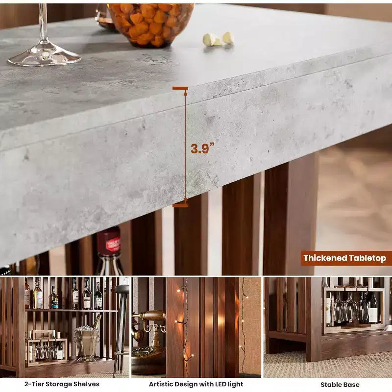 Table de bar de 160 cm avec étagères à 2 niveaux, Gris/Blanc et Noir/Noyer, Peut accueillir jusqu'à 8 personnes