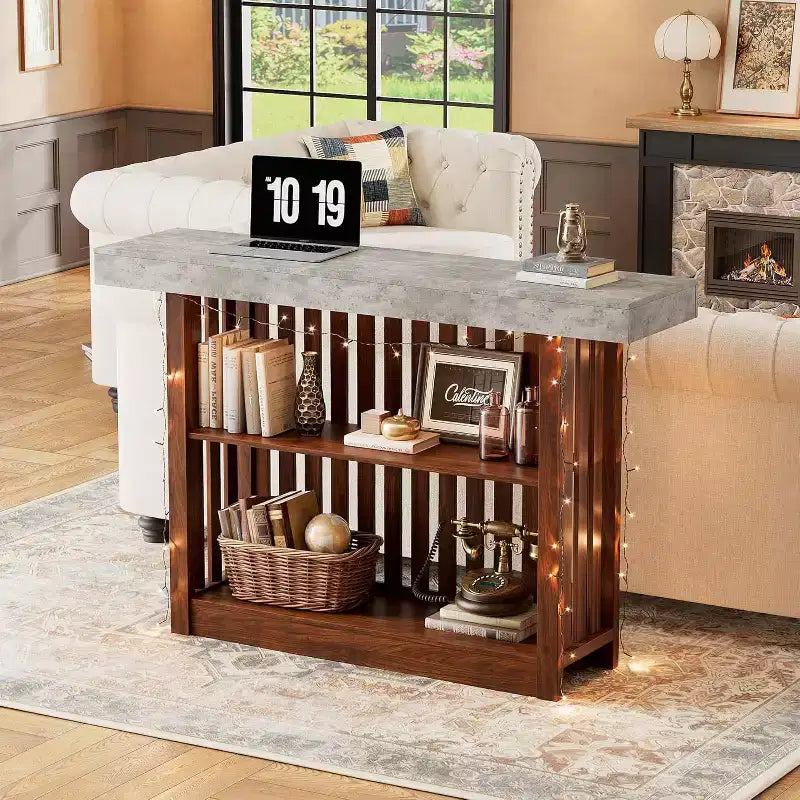 Table de bar de 160 cm avec étagères à 2 niveaux, Gris/Blanc et Noir/Noyer, Peut accueillir jusqu'à 8 personnes