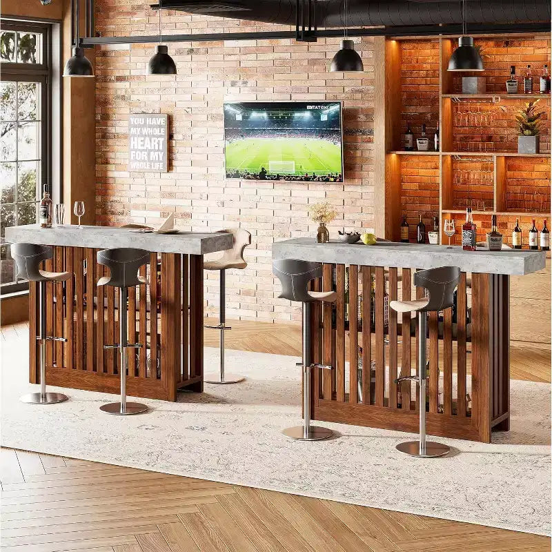 Table de bar de 160 cm avec étagères à 2 niveaux, Gris/Blanc et Noir/Noyer, Peut accueillir jusqu'à 8 personnes