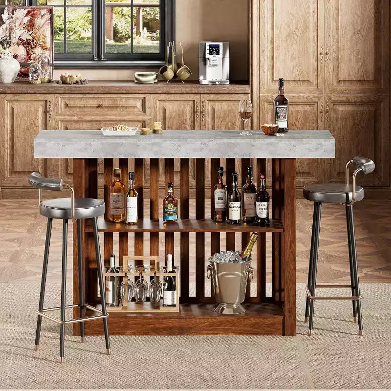 Table de bar de 160 cm avec étagères à 2 niveaux, Gris/Blanc et Noir/Noyer, Peut accueillir jusqu'à 8 personnes