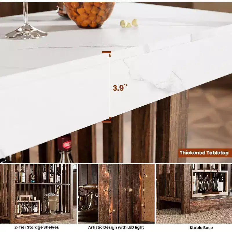 Table de bar de 160 cm avec étagères à 2 niveaux, Gris/Blanc et Noir/Noyer, Peut accueillir jusqu'à 8 personnes