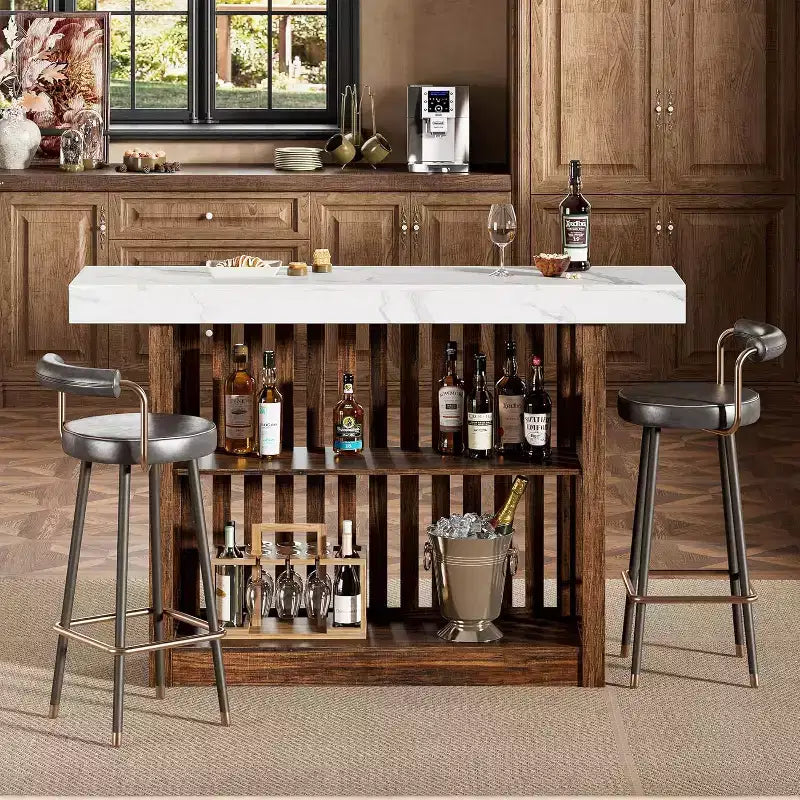Table de bar de 160 cm avec étagères à 2 niveaux, Gris/Blanc et Noir/Noyer, Peut accueillir jusqu'à 8 personnes