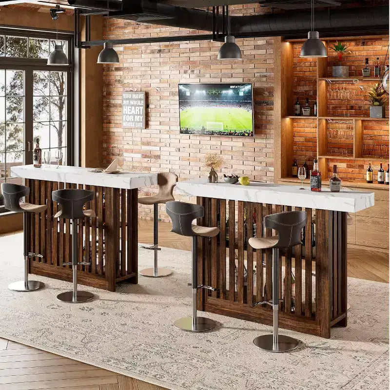 Table de bar de 160 cm avec étagères à 2 niveaux, Gris/Blanc et Noir/Noyer, Peut accueillir jusqu'à 8 personnes