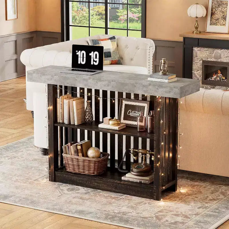 Table de bar de 160 cm avec étagères à 2 niveaux, Gris/Blanc et Noir/Noyer, Peut accueillir jusqu'à 8 personnes