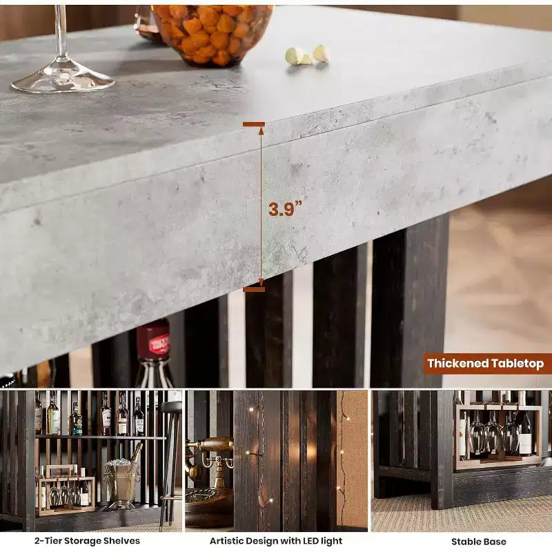 Table de bar de 160 cm avec étagères à 2 niveaux, Gris/Blanc et Noir/Noyer, Peut accueillir jusqu'à 8 personnes