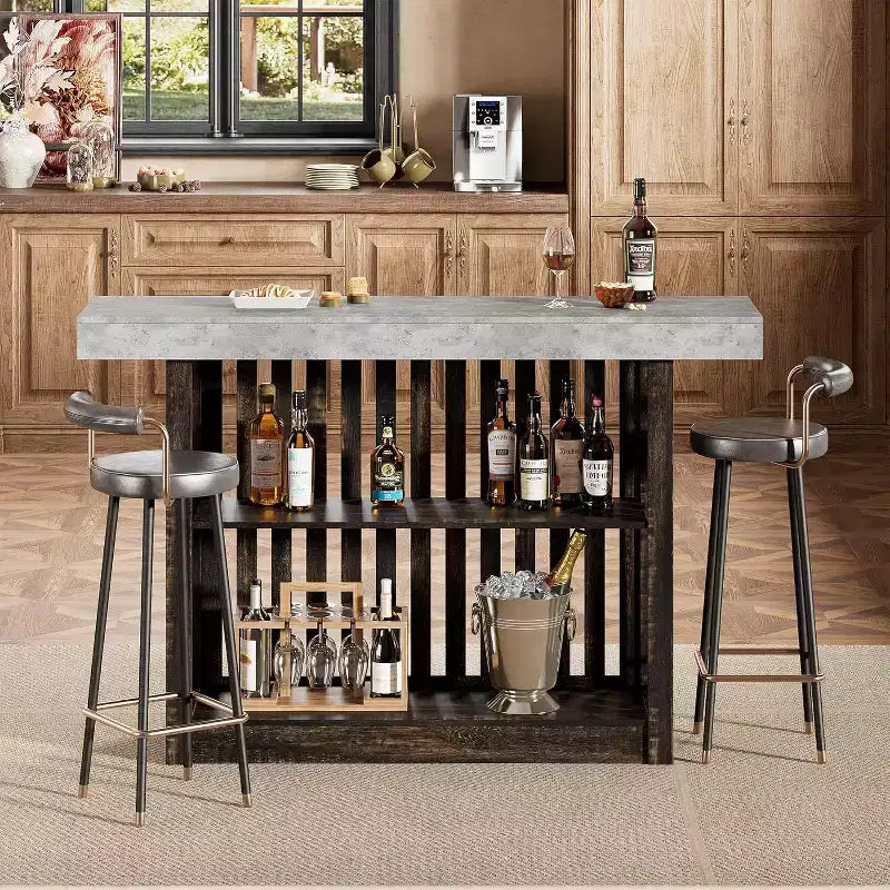 Table de bar de 160 cm avec étagères à 2 niveaux, Gris/Blanc et Noir/Noyer, Peut accueillir jusqu'à 8 personnes