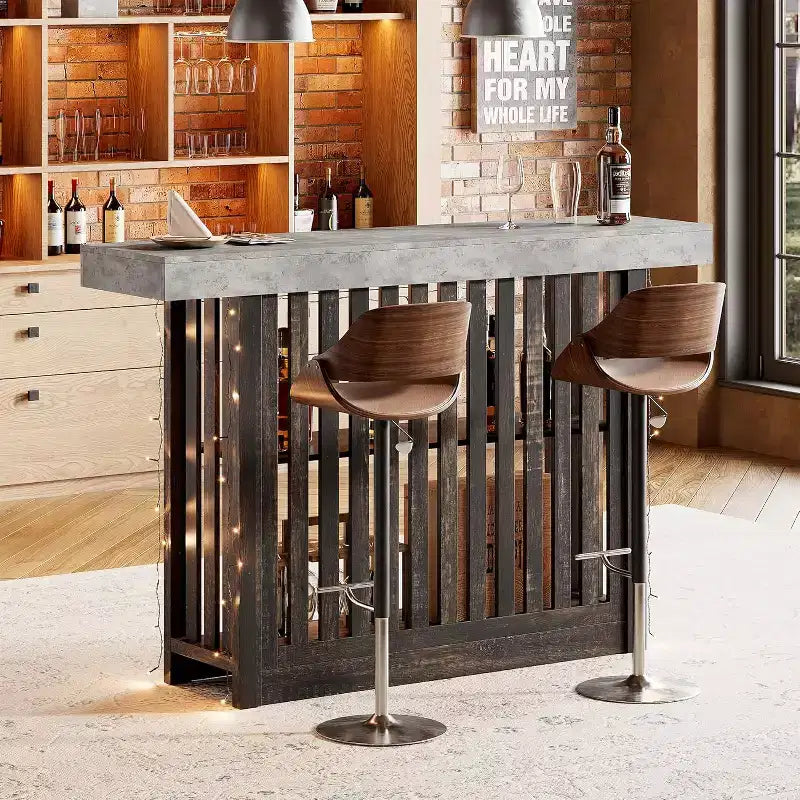 Table de bar de 160 cm avec étagères à 2 niveaux, Gris/Blanc et Noir/Noyer, Peut accueillir jusqu'à 8 personnes
