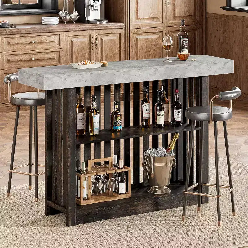 63 Long Bar Table,Counter Bar Height Pub Table with 2 Tier Storage Shelves, Modern Coffee Breakfast Bar Unit for Dining Room, Bistro, Living Room