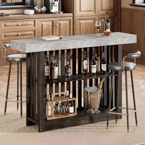 63 Long Bar Table,Counter Bar Height Pub Table with 2 Tier Storage Shelves, Modern Coffee Breakfast Bar Unit for Dining Room, Bistro, Living Room