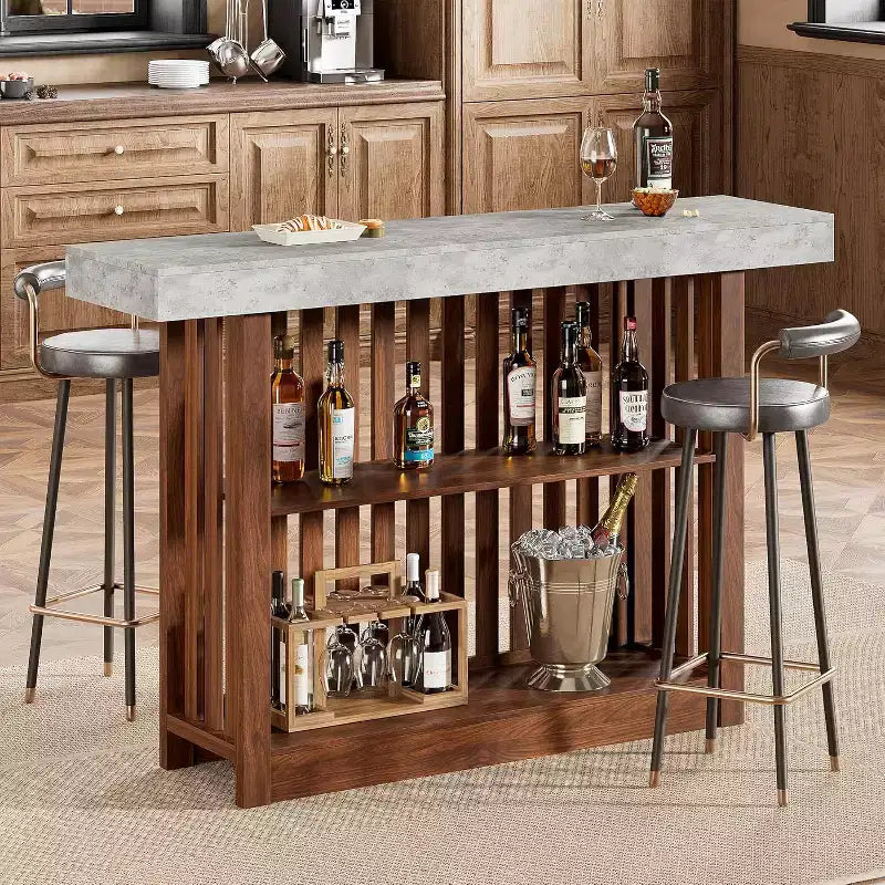 Table de bar de 160 cm avec étagères à 2 niveaux, Gris/Blanc et Noir/Noyer, Peut accueillir jusqu'à 8 personnes