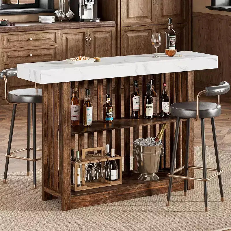 Table de bar de 160 cm avec étagères à 2 niveaux, Gris/Blanc et Noir/Noyer, Peut accueillir jusqu'à 8 personnes
