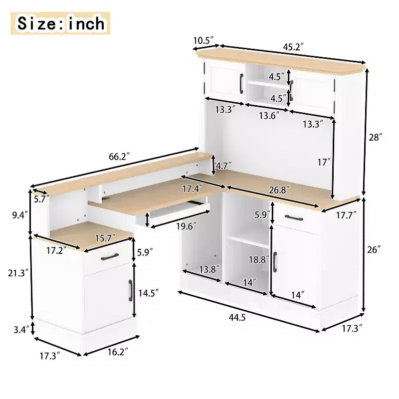 Bureau d'angle en L bleu et blanc avec tiroirs et étagère – 1 personne
