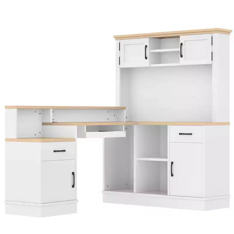 Bureau d'angle en L bleu et blanc avec tiroirs et étagère – 1 personne