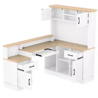 Bureau d'angle en L bleu et blanc avec tiroirs et étagère – 1 personne