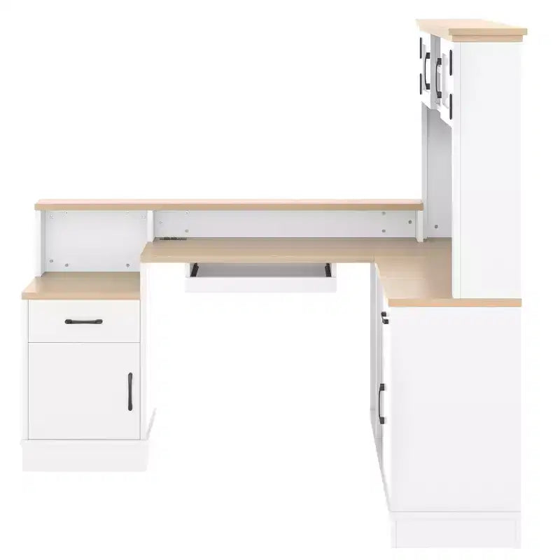 Bureau d'angle en L bleu et blanc avec tiroirs et étagère – 1 personne