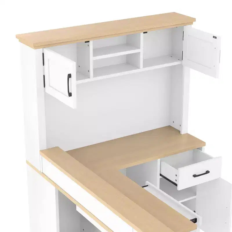 Bureau d'angle en L bleu et blanc avec tiroirs et étagère – 1 personne