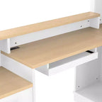 Bureau d'angle en L bleu et blanc avec tiroirs et étagère – 1 personne
