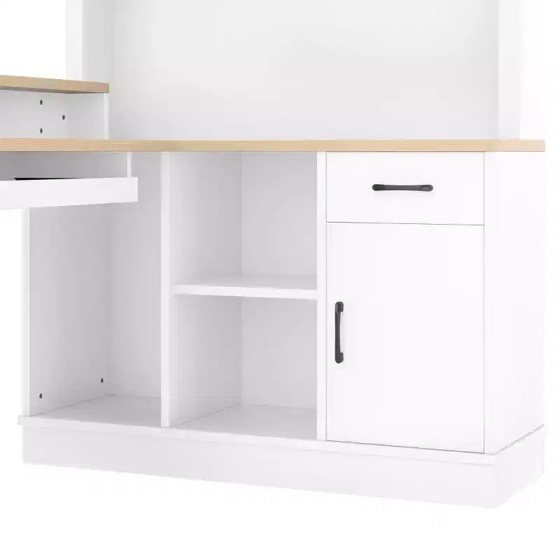 Bureau d'angle en L bleu et blanc avec tiroirs et étagère – 1 personne