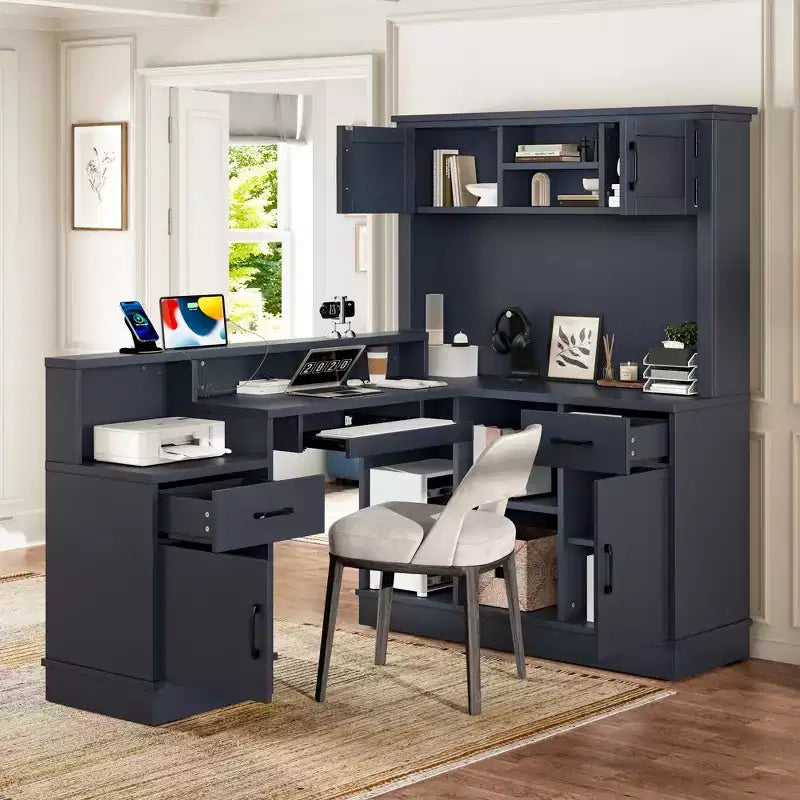 Bureau d'angle en L bleu et blanc avec tiroirs et étagère – 1 personne