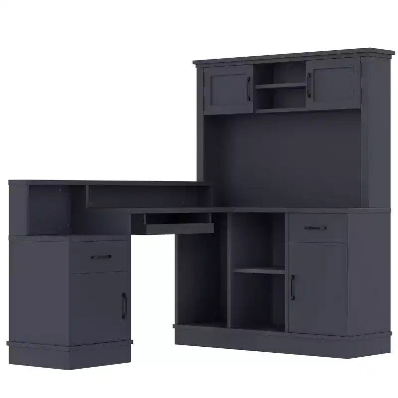 Bureau d'angle en L bleu et blanc avec tiroirs et étagère – 1 personne
