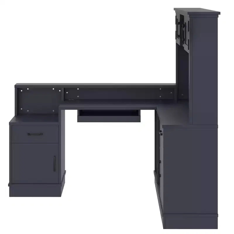 Bureau d'angle en L bleu et blanc avec tiroirs et étagère – 1 personne