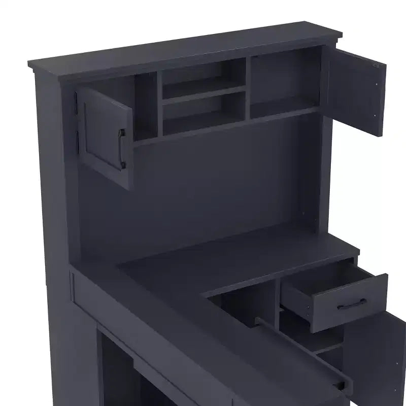 Bureau d'angle en L bleu et blanc avec tiroirs et étagère – 1 personne
