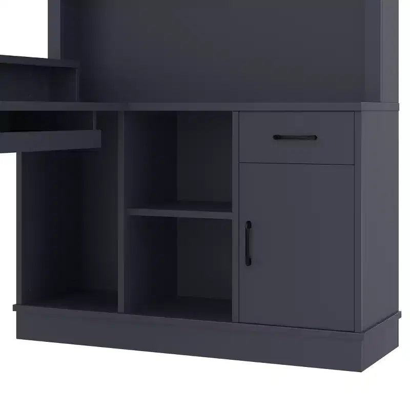 Bureau d'angle en L bleu et blanc avec tiroirs et étagère – 1 personne