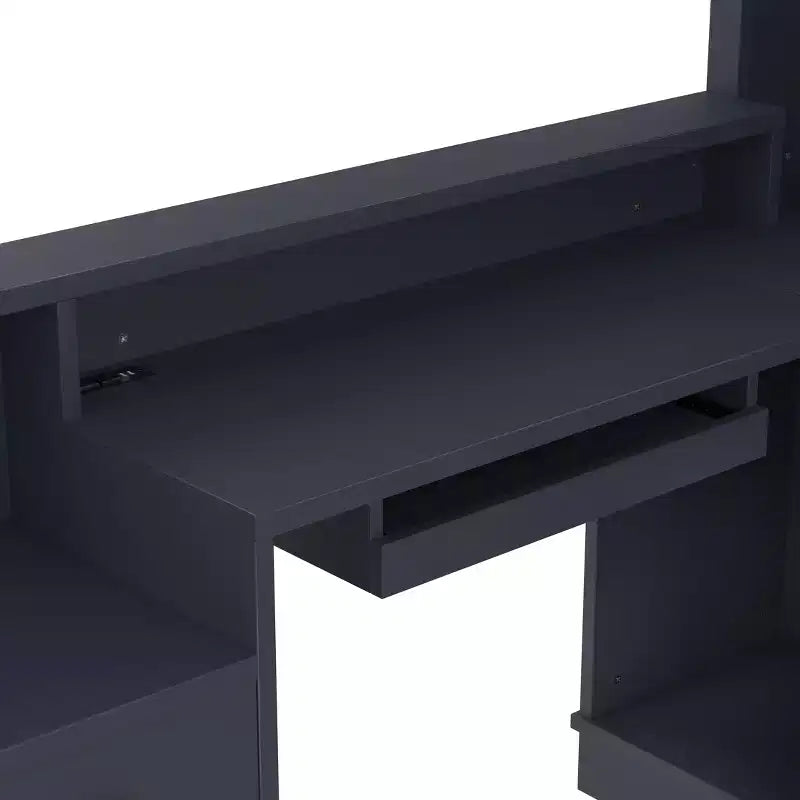 Bureau d'angle en L bleu et blanc avec tiroirs et étagère – 1 personne
