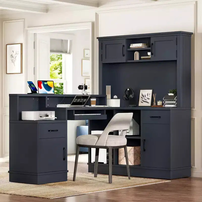 ModernLuxe Computer Desk Study/Gaming Workstation L-Shaped Corner Office Table with Built-In Outlet, Storage Drawers & Bookshelf