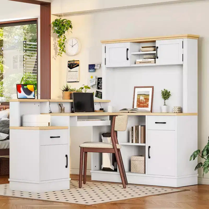 Bureau d'angle en L bleu et blanc avec tiroirs et étagère – 1 personne