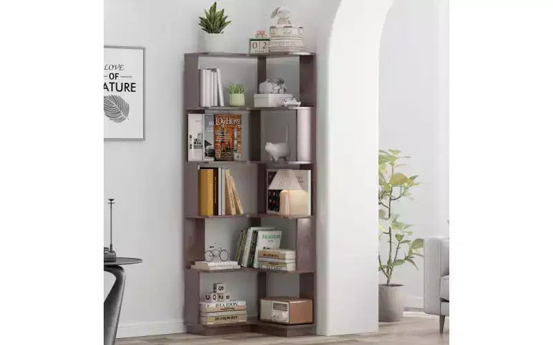 Étagère d'angle en forme de L à 6 niveaux – Marron foncé / Chêne foncé / Rouge foncé / Gris clair / Chêne clair