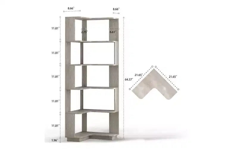 Étagère d'angle en forme de L à 6 niveaux – Marron foncé / Chêne foncé / Rouge foncé / Gris clair / Chêne clair