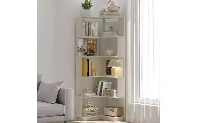 Étagère d'angle en forme de L à 6 niveaux – Marron foncé / Chêne foncé / Rouge foncé / Gris clair / Chêne clair