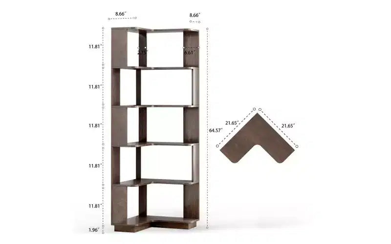 Étagère d'angle en forme de L à 6 niveaux – Marron foncé / Chêne foncé / Rouge foncé / Gris clair / Chêne clair