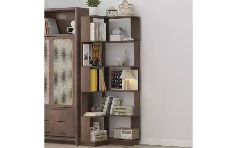 Étagère d'angle en forme de L à 6 niveaux – Marron foncé / Chêne foncé / Rouge foncé / Gris clair / Chêne clair